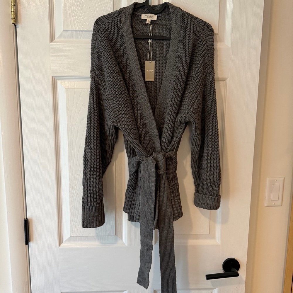 Haven Well Within Women's Gray Shimmer Knit Belted Cardigan Sweater